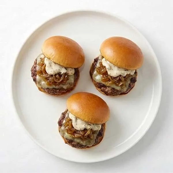 Wagyu-Style Beef Sliders with Caramelized Onions & Truffle Mayo